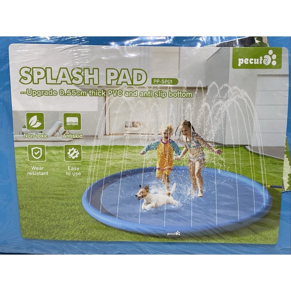 Splash Pad 66" Anti-Slip Dog Pool for Large Dogs‎ Kids Non Toxic Thick PVC Blue